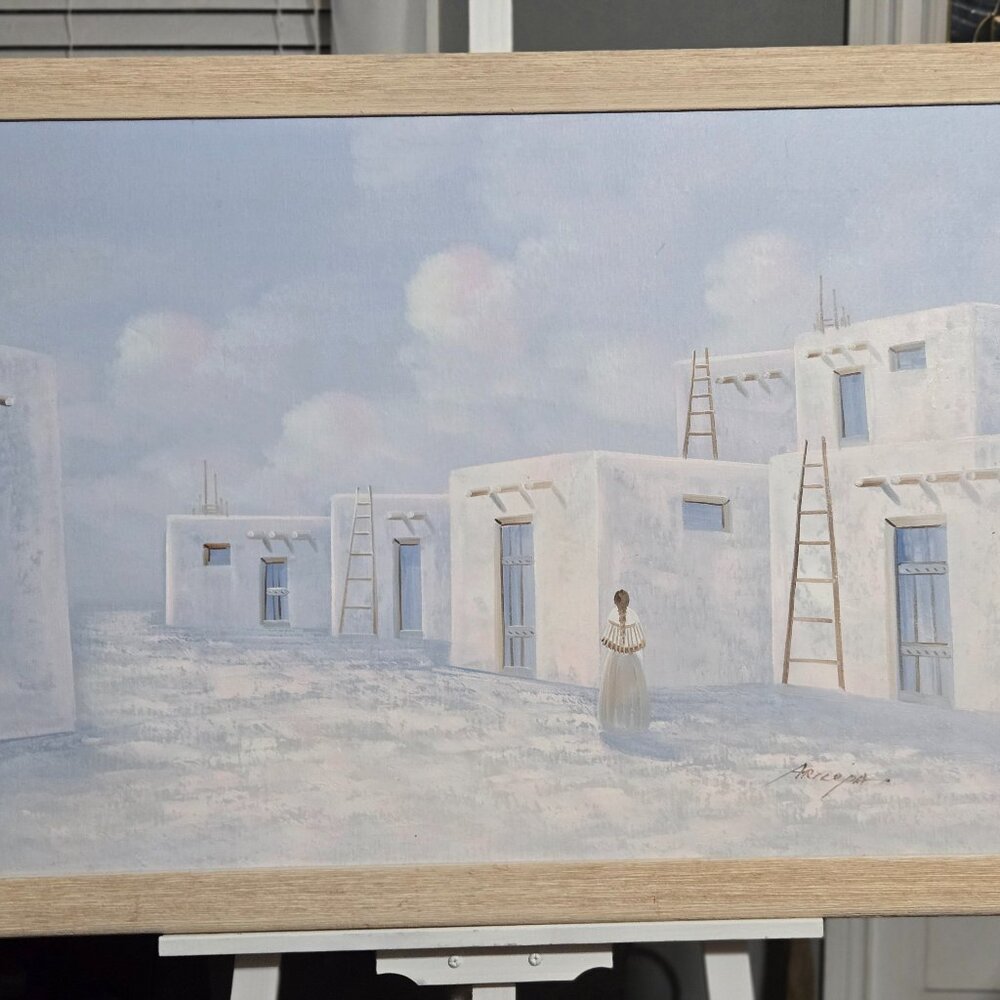 SIGNED JOSE ARICOPA OIL PAINTING TITLE ADOBE PUEBLO